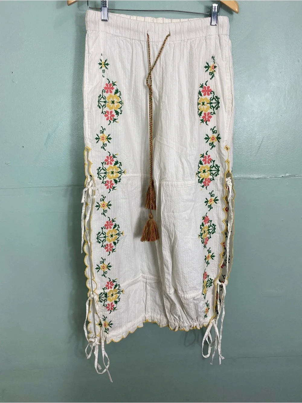 Free‎ People Spring Breeze Tie Pants Embroidered White Floral Medium